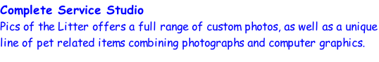 Complete Service Studio Pics of the Litter offers a full range of custom photos, as well as a unique line of pet related items combining photographs and computer graphics.